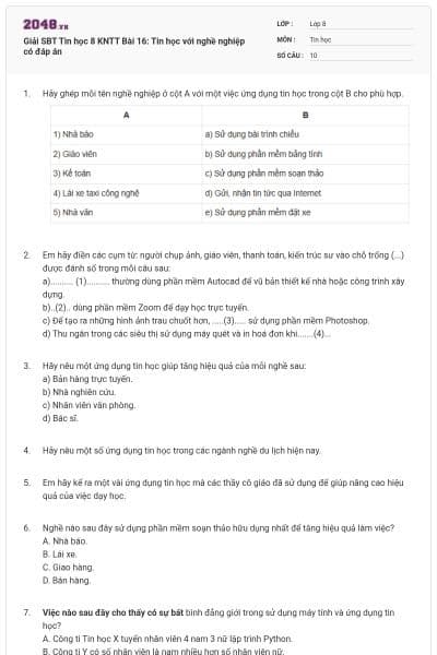 Giải SBT Tin học 8 KNTT Bài 16: Tin học với nghề nghiệp có đáp án