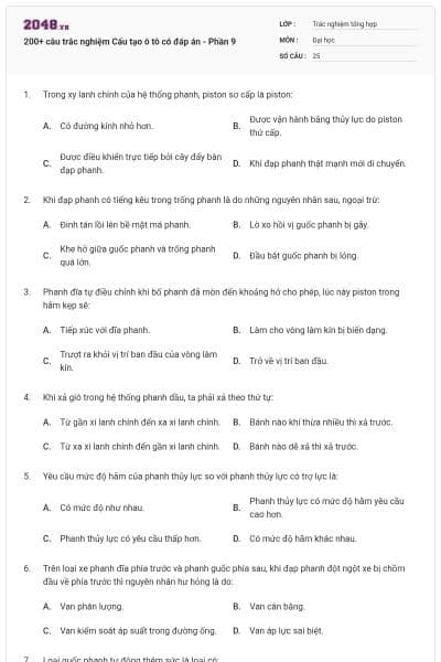 200+ câu trắc nghiệm Cấu tạo ô tô có đáp án - Phần 9