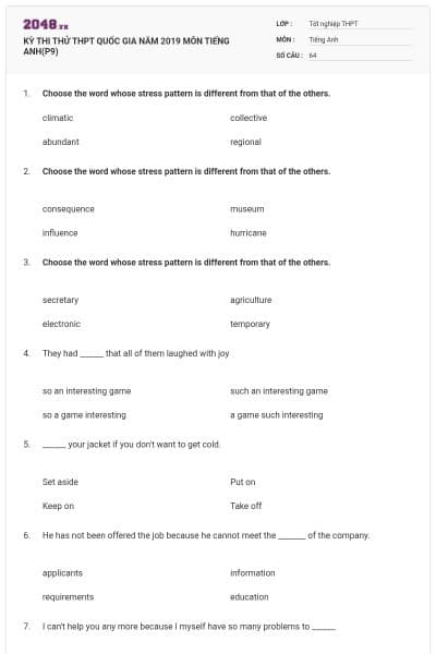 KỲ THI THỬ THPT QUỐC GIA NĂM 2019 MÔN TIẾNG ANH(P9)