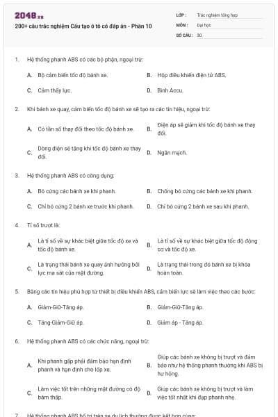 200+ câu trắc nghiệm Cấu tạo ô tô có đáp án - Phần 10