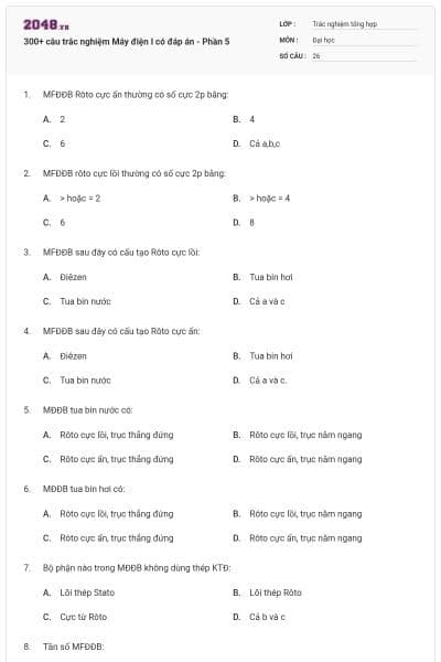 300+ câu trắc nghiệm Máy điện I có đáp án - Phần 5