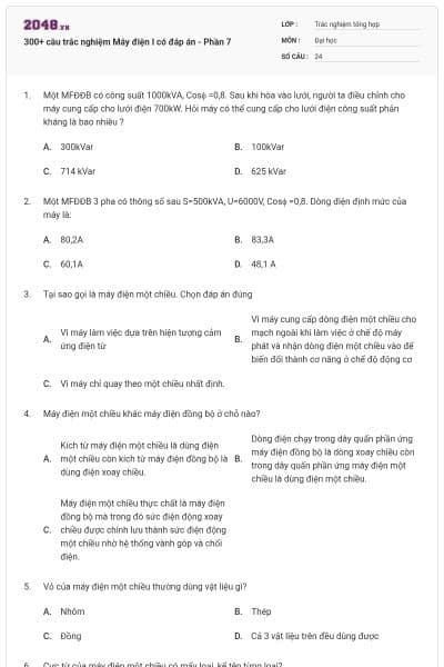 300+ câu trắc nghiệm Máy điện I có đáp án - Phần 7
