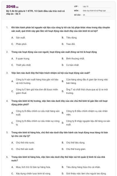 Bộ 5 đề thi giữa kì 1 KTPL 10 Cánh diều cấu trúc mới có đáp án - Đề 4