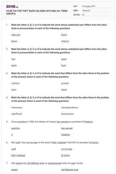 24 ĐỀ THI THỬ THPT QUỐC GIA NĂM 2019 Môn thi: TIẾNG ANH(P2)