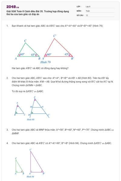 Giải SGK Toán 8 Cánh diều Bài 35. Trường hợp đồng dạng thứ ba của tam giác có đáp án