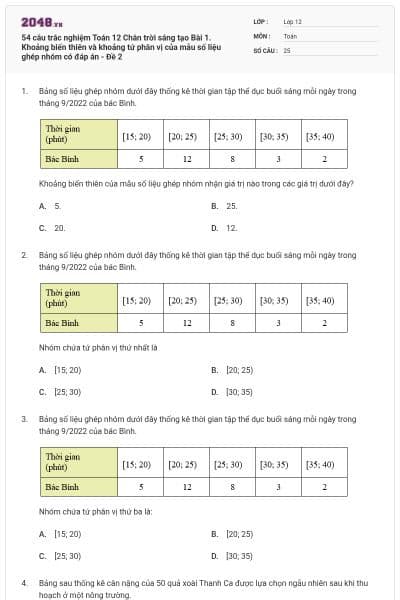 54 câu trắc nghiệm Toán 12 Chân trời sáng tạo Bài 1. Khoảng biến thiên và khoảng tứ phân vị của mẫu số liệu ghép nhóm có đáp án - Đề 2