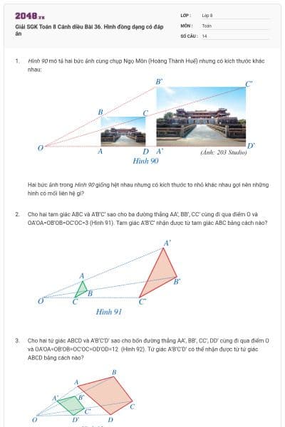 Giải SGK Toán 8 Cánh diều Bài 36. Hình đồng dạng có đáp án