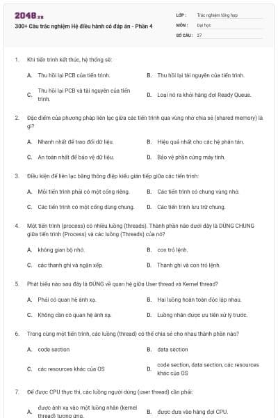 300+ Câu trắc nghiệm Hệ điều hành có đáp án - Phần 4