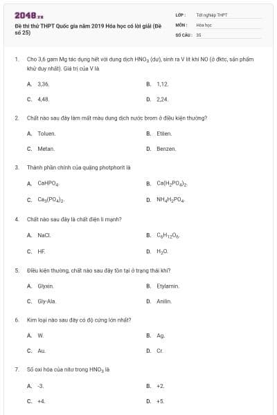 Đề thi thử THPT Quốc gia năm 2019 Hóa học có lời giải (Đề số 25)
