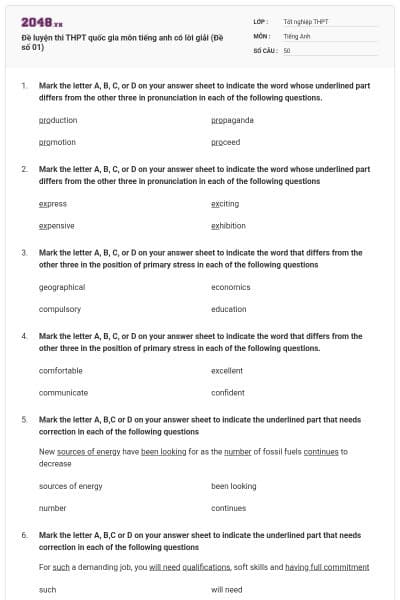 Đề luyện thi THPT quốc gia môn tiếng anh có lời giải (Đề số 01)