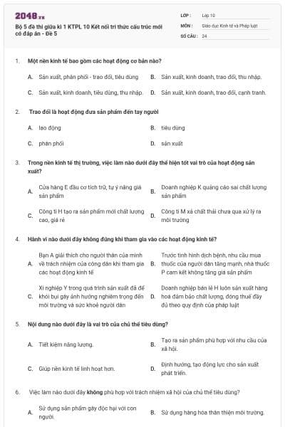 Bộ 5 đề thi giữa kì 1 KTPL 10 Kết nối tri thức cấu trúc mới có đáp án - Đề 5