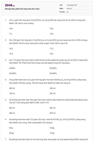 Bài tập thủy phân hỗn hợp este đơn chức