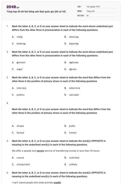 Tổng hợp đề thi thử tiếng anh thpt quốc gia (Đề số 34)