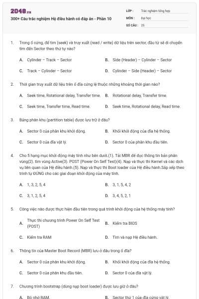300+ Câu trắc nghiệm Hệ điều hành có đáp án - Phần 10