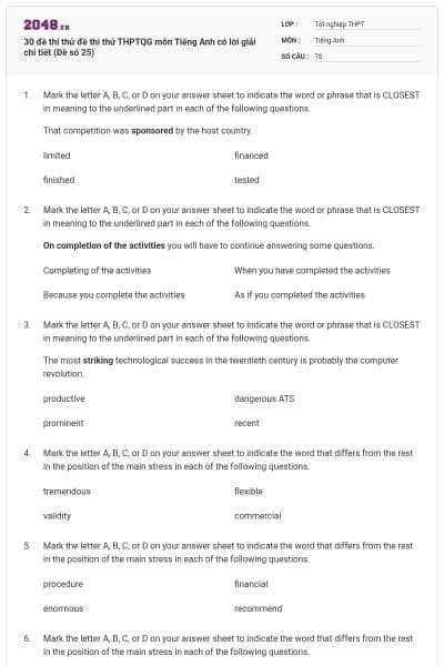30 đề thi thử đề thi thử THPTQG môn Tiếng Anh có lời giải chi tiết (Đề số 25)