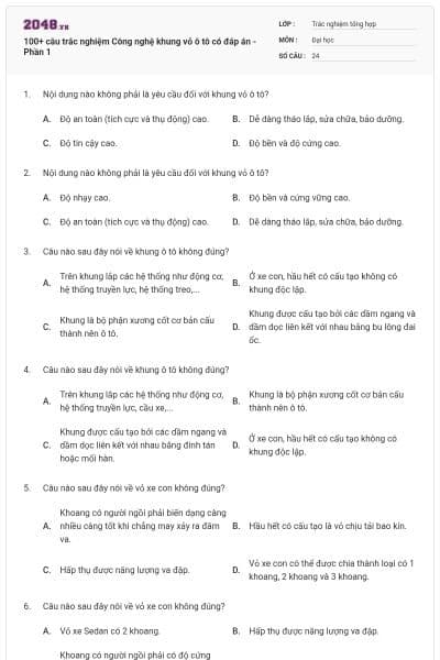 100+ câu trắc nghiệm Công nghệ khung vỏ ô tô có đáp án - Phần 1