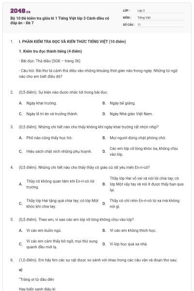 Bộ 10 Đề kiểm tra giữa kì 1 Tiếng Việt lớp 3 Cánh diều có đáp án - Đề 7