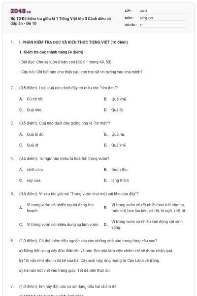 Bộ 10 Đề kiểm tra giữa kì 1 Tiếng Việt lớp 3 Cánh diều có đáp án - Đề 10