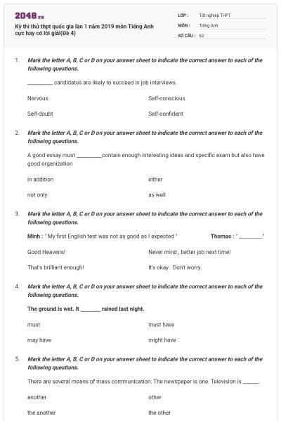 Kỳ thi thử thpt quốc gia lần 1 năm 2019 môn Tiếng Anh cực hay có lời giải(Đề 4)