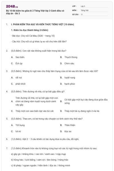 Bộ 10 Đề kiểm tra giữa kì 2 Tiếng Việt lớp 3 Cánh diều có đáp án - Đề 3