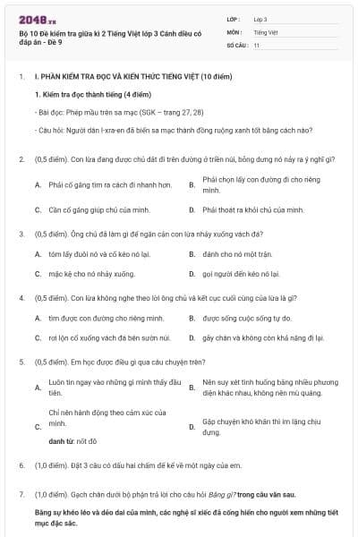 Bộ 10 Đề kiểm tra giữa kì 2 Tiếng Việt lớp 3 Cánh diều có đáp án - Đề 9