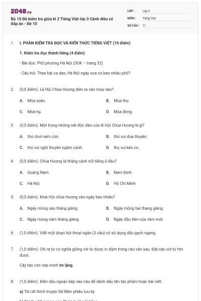 Bộ 10 Đề kiểm tra giữa kì 2 Tiếng Việt lớp 3 Cánh diều có đáp án - Đề 10