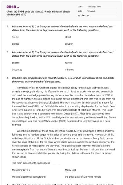 Đề thi thử THPT quốc gia năm 2019 môn tiếng anh chuẩn cấu trúc (Đề số 1)