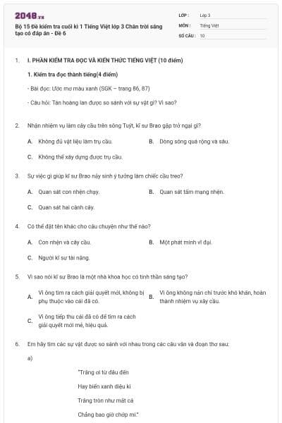 Bộ 15 Đề kiểm tra cuối kì 1 Tiếng Việt lớp 3 Chân trời sáng tạo có đáp án - Đề 6