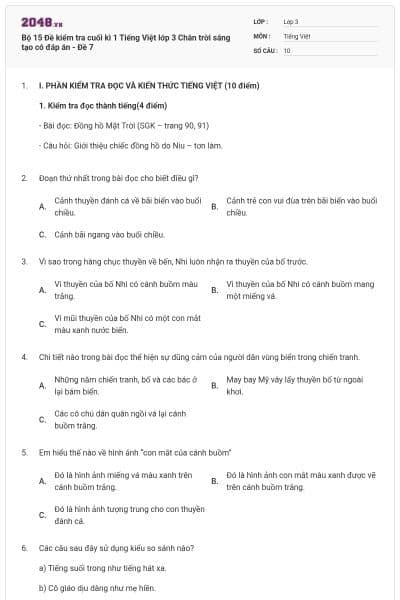 Bộ 15 Đề kiểm tra cuối kì 1 Tiếng Việt lớp 3 Chân trời sáng tạo có đáp án - Đề 7