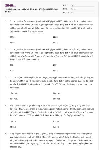100 bài toán hay và khó về (H+ trong NO3-) có khí H2 thoát ra (P4)