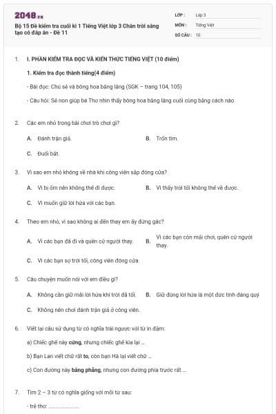 Bộ 15 Đề kiểm tra cuối kì 1 Tiếng Việt lớp 3 Chân trời sáng tạo có đáp án - Đề 11
