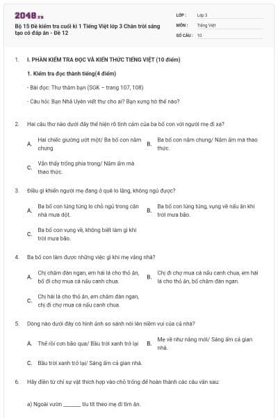Bộ 15 Đề kiểm tra cuối kì 1 Tiếng Việt lớp 3 Chân trời sáng tạo có đáp án - Đề 12