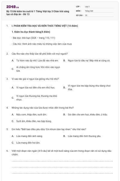 Bộ 15 Đề kiểm tra cuối kì 1 Tiếng Việt lớp 3 Chân trời sáng tạo có đáp án - Đề 13