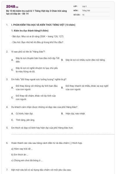 Bộ 15 Đề kiểm tra cuối kì 1 Tiếng Việt lớp 3 Chân trời sáng tạo có đáp án - Đề 14