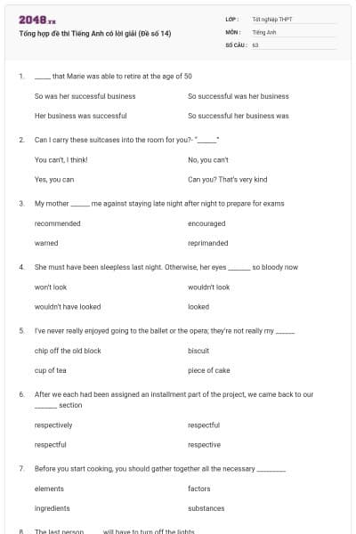 Tổng hợp đề thi Tiếng Anh có lời giải (Đề số 14)