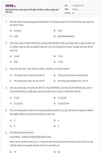 Đề thi Hóa học cực hay có lời giải chi tiết cơ bản, nâng cao (Đề 22)