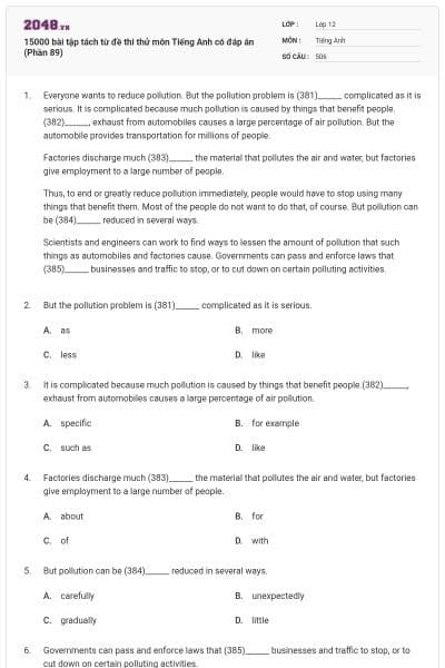 15000 bài tập tách từ đề thi thử môn Tiếng Anh có đáp án (Phần 89)