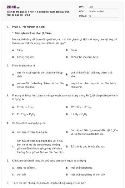 Bộ 2 đề thi giữa kì 1 KHTN 8 Chân trời sáng tạo cấu trúc mới có đáp án - Đề 2
