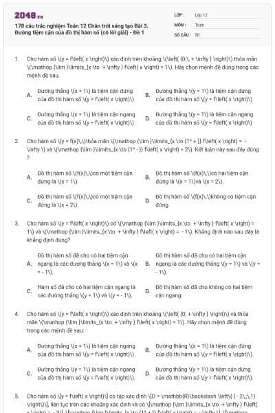 178 câu trắc nghiệm Toán 12 Chân trời sáng tạo Bài 3. Đường tiệm cận của đồ thị hàm số (có lời giải) - Đề 1