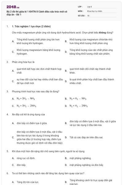 Bộ 2 đề thi giữa kì 1 KHTN 8 Cánh diều cấu trúc mới có đáp án - Đề 1