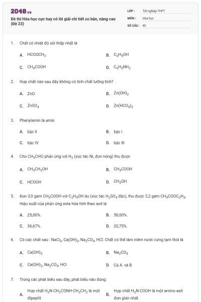 Đề thi Hóa học cực hay có lời giải chi tiết cơ bản, nâng cao (Đề 23)