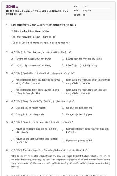 Bộ 10 Đề kiểm tra giữa kì 1 Tiếng Việt lớp 3 Kết nối tri thức có đáp án - Đề 1
