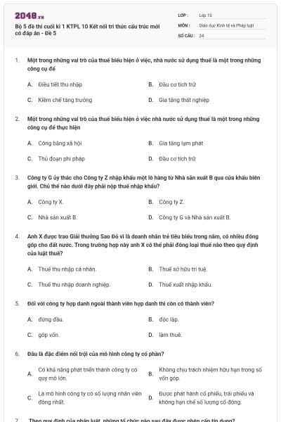 Bộ 5 đề thi cuối kì 1 KTPL 10 Kết nối tri thức cấu trúc mới có đáp án - Đề 5