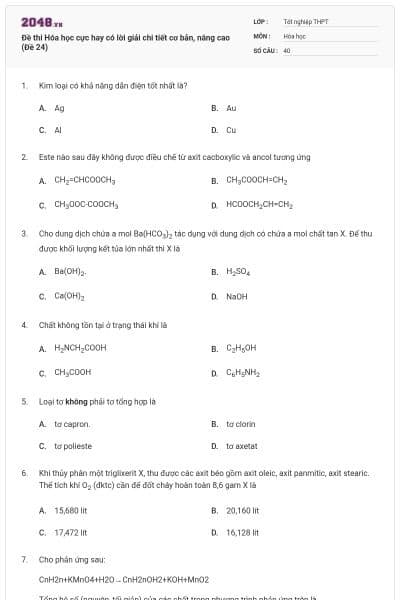 Đề thi Hóa học cực hay có lời giải chi tiết cơ bản, nâng cao (Đề 24)