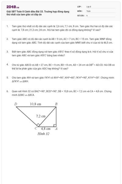Giải SBT Toán 8 Cánh diều Bài 33. Trường hợp đồng dạng thứ nhất của tam giác có đáp án