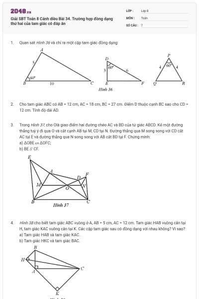 Giải SBT Toán 8 Cánh diều Bài 34. Trường hợp đồng dạng thứ hai của tam giác có đáp án