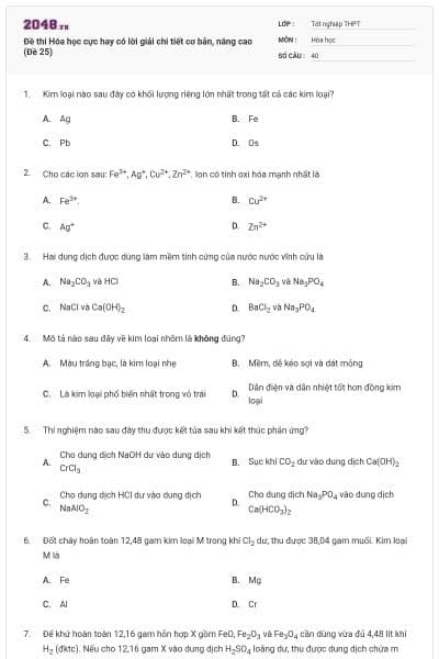 Đề thi Hóa học cực hay có lời giải chi tiết cơ bản, nâng cao (Đề 25)