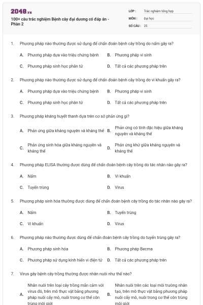 100+ câu trắc nghiệm Bệnh cây đại dương có đáp án - Phần 2