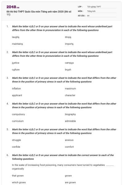 Đề thi thử THPT Quốc Gia môn Tiếng anh năm 2020 (Đề số 11)