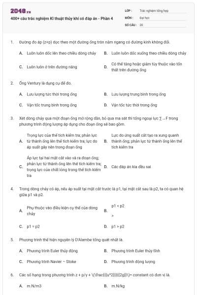 400+ câu trắc nghiệm Kĩ thuật thủy khí có đáp án - Phần 4